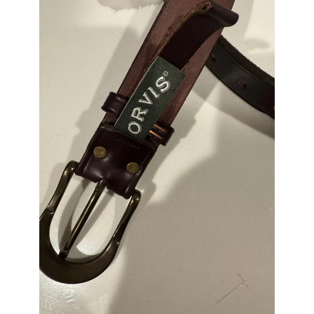 Orvis Wickett & Craig Leather Belt Mens 46 Burgundy‎ Brown Brass Buckle USA Made